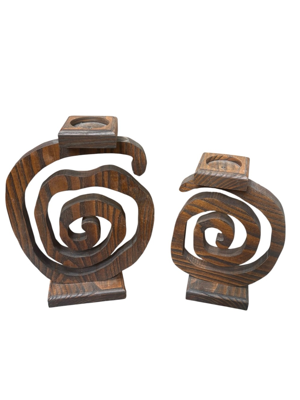 Large Vintage Wooden Spiral Candle Holders - Set of 2